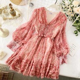 LY VAREY LIN Autumn Women Vintage Sweet Chiffon Puff Sleeve Floral Print V Neck Single Button Fitted Waist lady Dresses 210526