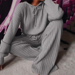 Autumn Winter Knitted Pajama Set Women Hooded Pajama Pants Home Suit for Women Long Sleeve Sleepwear Loose Lounge Wear Ladies 210928