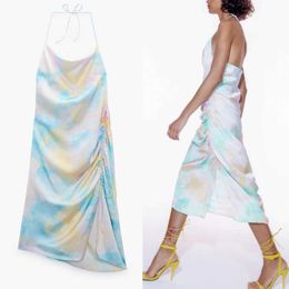 Za Tie Dye Slip Long Summer Dress Women Sleeveless Ruched Drawstring Sexy Club Dresses Woman Chic Irregular Backless Dress 210602