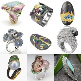 Cluster Rings Boho Vintage Flower Ethnic Style Frog Parrot Animal Ring Opal Pearl Crystal For Women Fashion Hip Hop Punk Jewelry Gifts