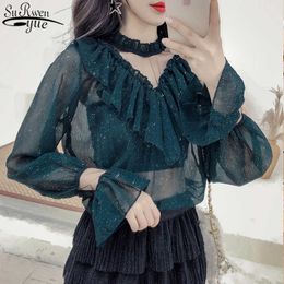 Autumn Sexy Lace Shirts Woman Blouses Solid Shirts All-match Korean Tops Stitching Mesh Office Lady Clothes 10612 210527