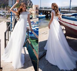 Pregnant Dresses Bateau Scalloped Neckline Lace Short Cap Sleeves Tulle Sweep Train Empire Waist Beach Wedding Gown Vestido