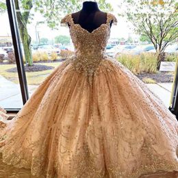 2021 Sparkly Champagne Quinceanera Dresses Sequins Tulle Lace Crystal Beads Sweeteart Corset Back Bling Prom Ball Gowns Sweet 16 Dress Long