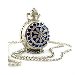 Blue Flower Pendant Watch Mirror Jewelry Long Sliver Chain Necklace Pocket Watches 5 Pieces