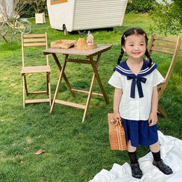 Summer Girls Korean style Clothes Sets Fashion Sailor collar Short Sleeve Shirts Skirts 2Pcs Suit Kids Outfits 210615