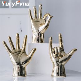 YuryFvna Nordic Creative Gold Plating Finger Art Sculpture Abstract Gesture Statue Ceramics Crafts Living Room Decorations 210811