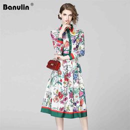 Banulin Spring Summer Fashion Runway Shirt Dres's Long Sleeve Elegant Floral Stripe Print OL Pleated Midi 210623