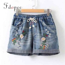 Summer Womens Shorts Literature Do Old Flower Embroidery Elastic Waist Solid Colour Pockets Drawstring Jeans Short 210714