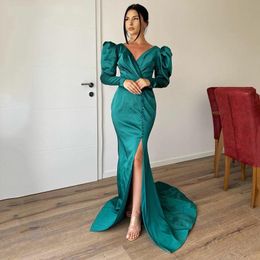 Plus Hunter Green Size Long Sleeves Mermaid Evening Dresses High Side Split Sweep Train Satin Buttons Formal Prom Gowns Special Ocn Dress