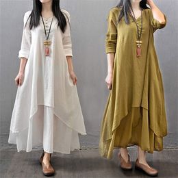 Spring Summer Women Long Cotton Linen Dress White Plus Size False Two Pieces O-Neck Maxi Dresses Office Casual Loose Dress 210309