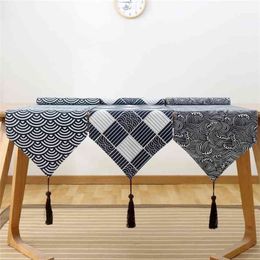 Retro Japanese Linen Cotton Table Runner Lattice Tea TV Cabinet Cover cloth Flag Decoration Home Decor 210709