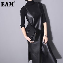[EAM] New Spring Summer Strapless Sleeveless Black Pu Leather Loose Brief Dress Women Fashion Tide All-match JO287 210303