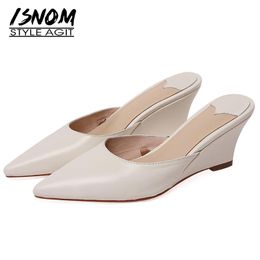 Slippers ISNOM Women Wedges Sexy Pointed Toe Gladiator Thick High Heels Mule Shoes Genuine Leather Female Ribbon 2021