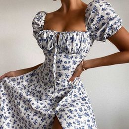 summer Print Dress fashion elegant Slit maxi dress Floral Short Puff Sleeves Square Collar Holiday french romantic Sexy Y0823