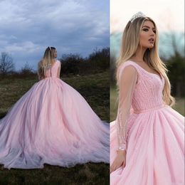 2021 Sexy Pink Quinceanera Dresses Ball Gown Deep V Neck Crystal Beads Long Sleeves Tulle Plus Size Sweet 16 Formal Party Prom Evening Gowns