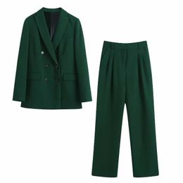 Women's Two Piece Pants Elegant Green Women Pant Suit Office Lady Spring Autumn Casual Double Breasted Blazer Jacket Full Trousers Fashion O