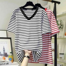 Vintage Stripped T Shirt Summer Tops Casual Short Sleeve Cotton Tshirt Harajuku Streetwear Fashion Clothes for Women 210604