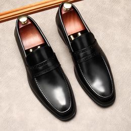 Men Genuine Leather Black Dress Shoes Handmade Fashion Slip-on Loafers Shoes Stylish Luxury Wedding Business Office Shoes
