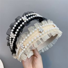 flowers for head bands UK - Fashion Lace Wedding Bride Headband Luxury Pearl Hair Band for Girls Outdoor Travel Hairband with Flower