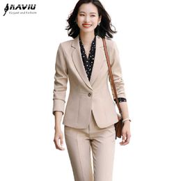 High End Professional Apricot Pants Suit Fashion Temperament Autumn Winter Formal Blazer Sets Office Ladies Work Wear 210604