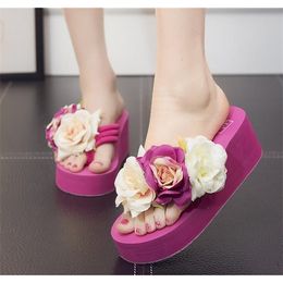6.5 Cm Flip Flop Wedges Heels 40 41 42 9 10 11 Sandals Slippers Woman Shoes Girls Beach Shoe Platform Handmade Rose Flowers Y1120