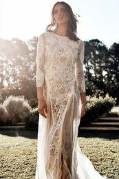 2022 Hippie Gypsy Boho Beach Wedding Dress Sexy Backless Trumpet Long Sleeve Lace Bridal Gowns Nude Lining Mermaid Country Bohemian Bride Formal Dresses