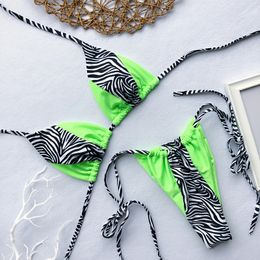 Zebra Print Halter micro Bikini 2019 women Bandeau String Swimsuit Female swimwear Neon Shiny bikini set Leopard Bathing Suit X0522