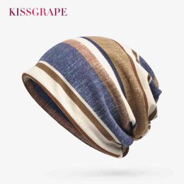 2021 Spring New Striped Beanies for Men Unisex Summer Thin Knitted Beanie Men's Multifunction Hedging Cap Hats for Male Kerchief Y21111