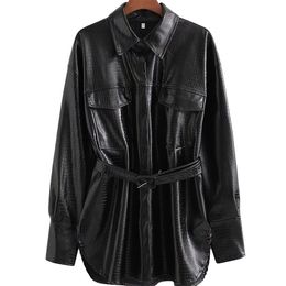 Women Fashion Retro Texture Belt PU Artificial Leather Clothing Female Locomotive Single Breasted Long Jacket 211007