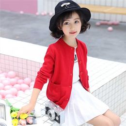 Girls' Autumn Children's Round Neck Knit Cardigan Pure Color Big Kids Korean Children's Knit Sweater Jacket 211106