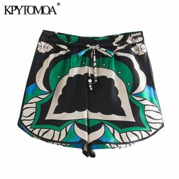 KPYTOMOA Women Fashion Side Pockets Printed Bermuda Shorts Vintage High Elastic Waist Side Vents Female Short Pants Mujer 210625