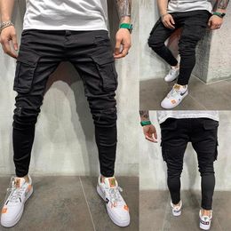 Black Biker Cargo Jeans Men Multi-Pocket Slim Fit Joggers Trousers Mens Ripped Hole Motorcycle Streetwear Denim Pencil Pants