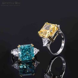 Serenity Day 100% 925 Sterling Silver 13*13MM Citrine High Carbon Diamond Gemstone Wedding Engagement Ring Luxury Fine Jewelry