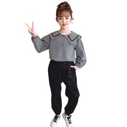 Big Girls Clothes Plaid Blouse + Pants Costume For Patchwork Girl Set Spring Autumn Kids Clothing 210527