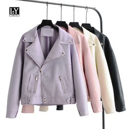 LY VAREY LIN Women Faux Leather Jacket Loose Design Biker Coat Black Pink Purple Short Motorcycle Lady PU Outwear 210526