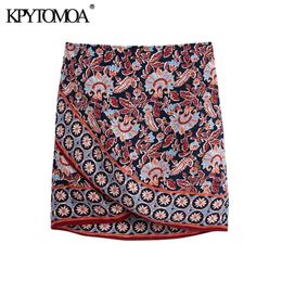 KPYTOMOA Women Chic Fashion Totem Print Asymmetry Wrap Mini Skirt Vintage High Waist Side Bow Tied Female Skirts Mujer 210724