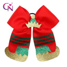 kids christmas hair bows UK - CN 7 " Christmas Cheer Bow With Elastic Hair Band For Kids Girls Glitter Hat Shoes Xmas Hair Bows Festival Accessories