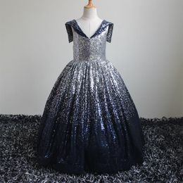 Girl's Dresses Children Glitter Party Gowns Birthday Formal Full Length Puffy Shiny Girls Sequined Pageant F007