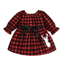 Girls Casual Long Sleeve Dress Red Plaid and Antler Printed Pattern Round Collar Big Hem Skirt 6 Months-4 years G1026