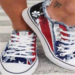 2021 New Women Comfortable Denim Canvas Flats Flower Vulcanized Female Summer Fashion Lace-up Sneakers Ladies Casual Shoes 43 Y0907