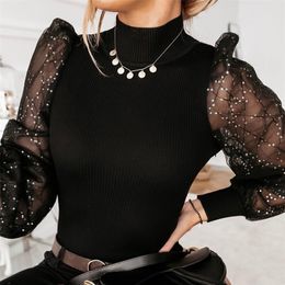Sequined Blouse Shirt Women Spring Puff Sleeve Knitted Mesh Patchwork Shirt Office Ladies White Shirts Tops Slim Fit Blusas D25 210225
