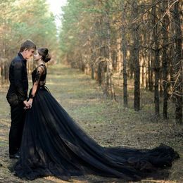Vintage Gothic Black Deep V Neck Wedding Dress Illusion Long Sleeve High Split A Line Boho Beach Tulle Bridal Gowns Long Train Tierd Layer vestidos de novia