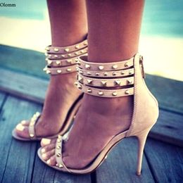 Rontic New Handmade Women Summer Sandals Ankle Wrap Studded Sexy Stiletto High Heels Open Toe Beige Party Shoes US Size 5-15