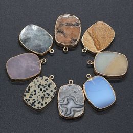 Square Healing Stone Charms Picture Quartz Crystal Gold Edged Pendant DIY Necklace Women Fashion Jewelry Finding 22x32mm
