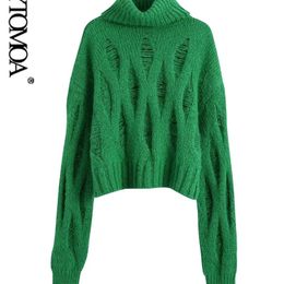 KPYTOMOA Women Fashion Loose Ripped Green Crop Knit Sweater Vintage High Neck Long Sleeve Female Pullovers Chic Tops 211215