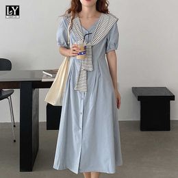 LY VAREY LIN Summer Women Striped Cape V-neck Fake Two Pieces Dresses Casual Puff Sleeve Single Breasted Female 210526