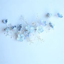 Jonnafe Light Blue Floral Hair Comb Wedding Accessories Pearls Bridal Jewellery Handmade Women Ornaments 211019