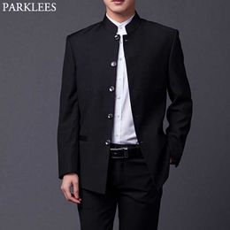 Men's Classic Mandarin Collar Black Suit Slim Fit Groomsmen Formal Business Wedding Tuxedo 2 PieceJacket+PantCostume Homme 4XL X0909