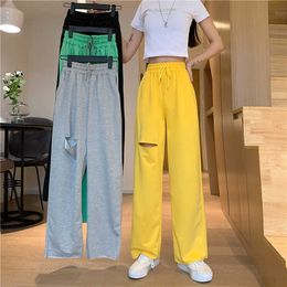 Women pants summer traf Korean version of solid Colour hole elastic drawstring harajuku Women pants casual sports pants for women Q0801