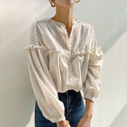 Spring Korean Chic Pink White Round Neck Blouses Single-breasted Folds Stitching Loose Versatile Long-sleeved Shirt Women Tops 210225